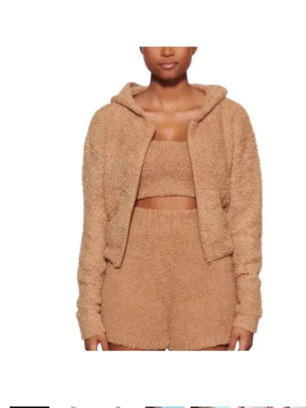 Skims Cozy Knit Zip Sherpa Teddy Hoodie Jacket Camel Cropped Size L/XL